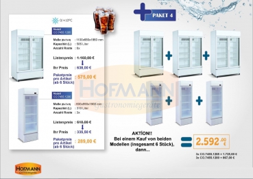 3 x Kühlschrank, Weiss, 2 Glastüren, 1100x680x1860 + 3x Kühlschrank, Weiss, 1 Glastür, 600x590x1900 KOMBIPAKET