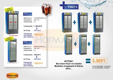 3 x Kühlschrank mit doppelte Schiebeglastür, 1103x821x2000 + 3 x Kühlschrank, 1 Glastür, 595x650x2000 KOMBIPAKET